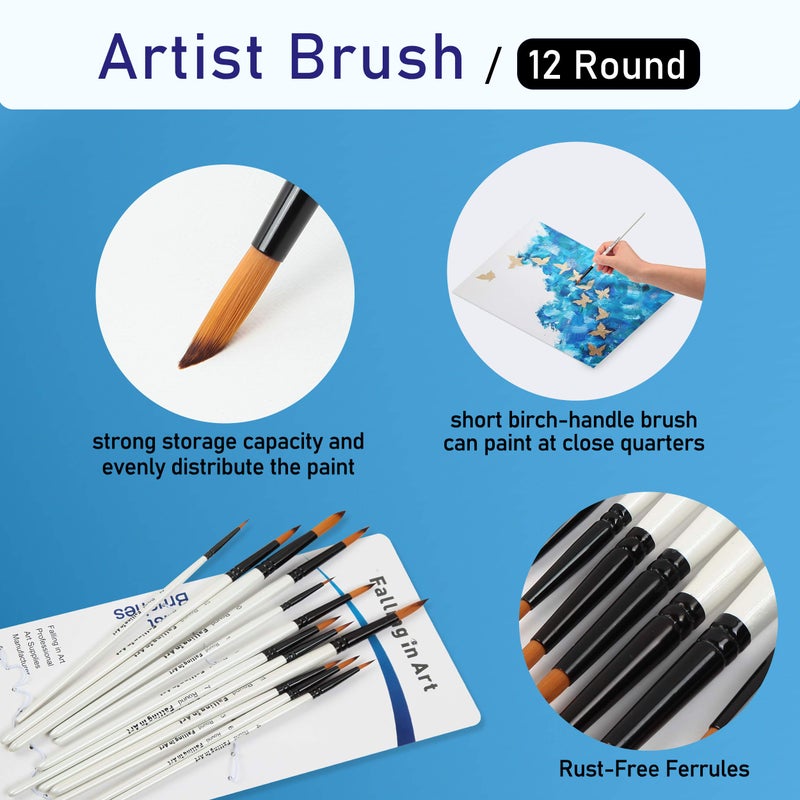 Falling in Art Paint Brushes Set, 12 PCS Nylon Professional Round Paint Brushes for Watercolor, Oil Painting, Acrylic, Face Body Nail Art, Crafts, Rock Painting - Image 3