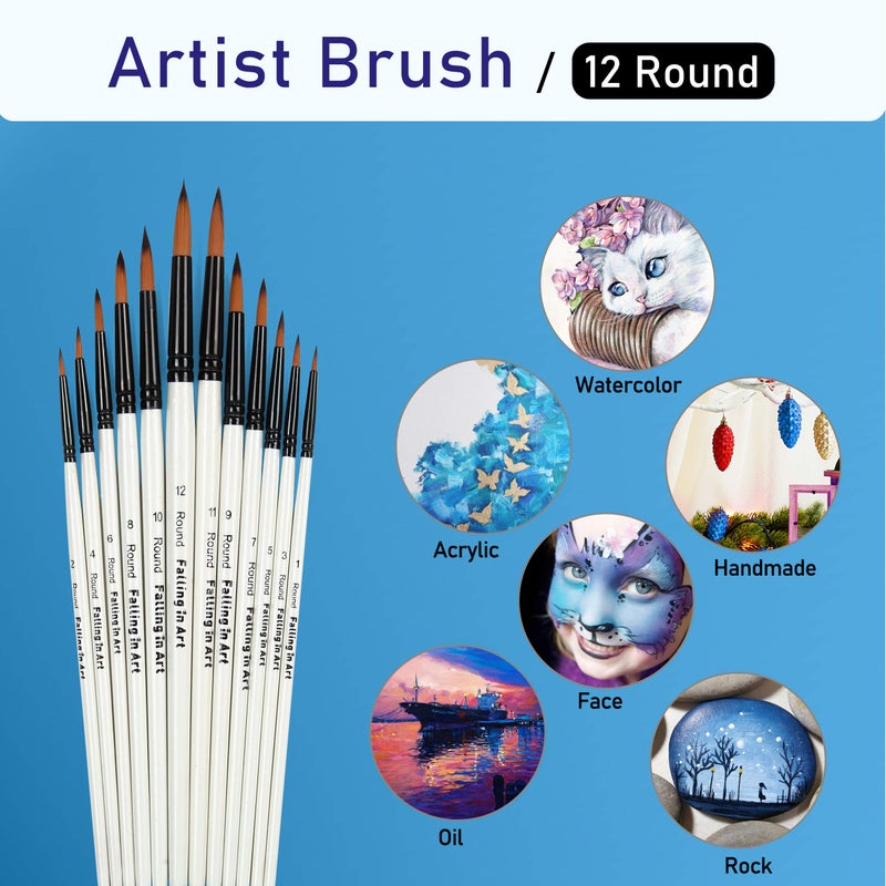 Falling in Art Paint Brushes Set, 12 PCS Nylon Professional Round Paint Brushes for Watercolor, Oil Painting, Acrylic, Face Body Nail Art, Crafts, Rock Painting - Image 4