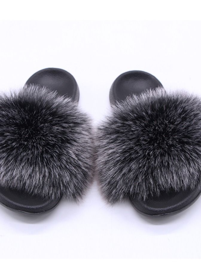 Loquat Stylish Women Faux Fur Open Toe Flat Slippers Sandals Non Slip Homewear Shoes