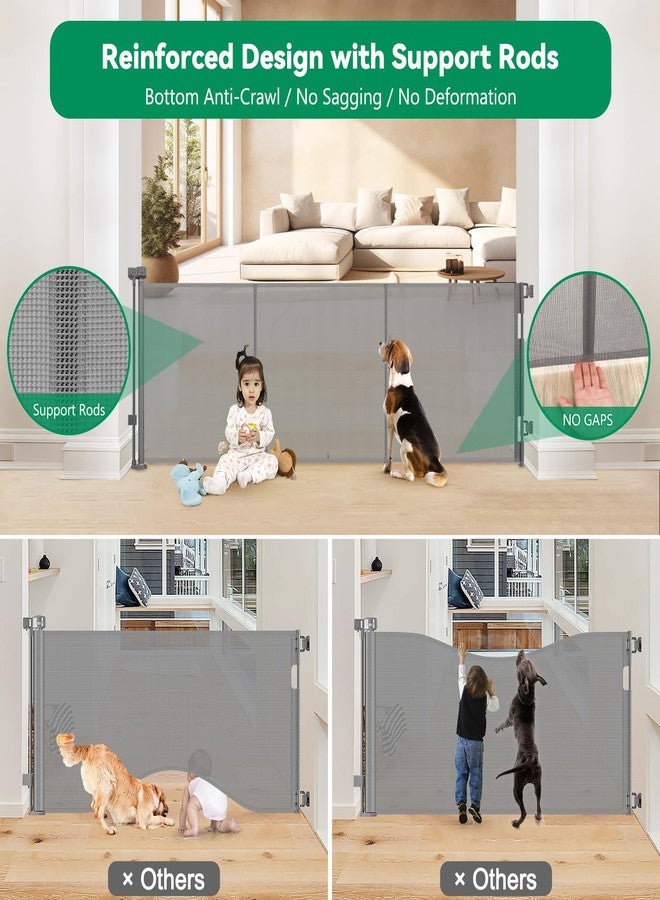 KISKIZ Reinforced 85" Wide Retractable Baby Gates Outdoor Retractable Dog Gate Indoor Mesh Baby Gate Retractable Pet Gate, Extra Wide Dog Gate with Support Rods – Prevent Crawling Under, Gray - Image 2