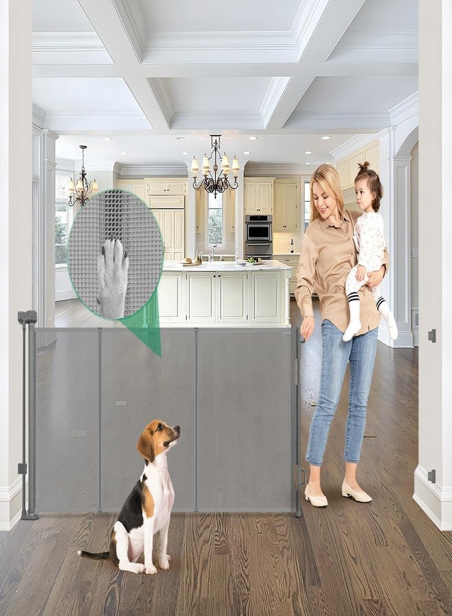 KISKIZ Reinforced 85" Wide Retractable Baby Gates Outdoor Retractable Dog Gate Indoor Mesh Baby Gate Retractable Pet Gate, Extra Wide Dog Gate with Support Rods – Prevent Crawling Under, Gray - Image 1