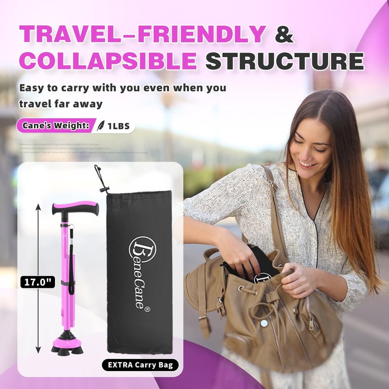 BeneCane Walking Cane for Men & Women Walking Stick for Seniors Folding Canes Quad Cane Adjustable Lightweight Sturdy Collapsible Heavy Duty with Soft TPR T-Handle and Travel Bag - Image 4