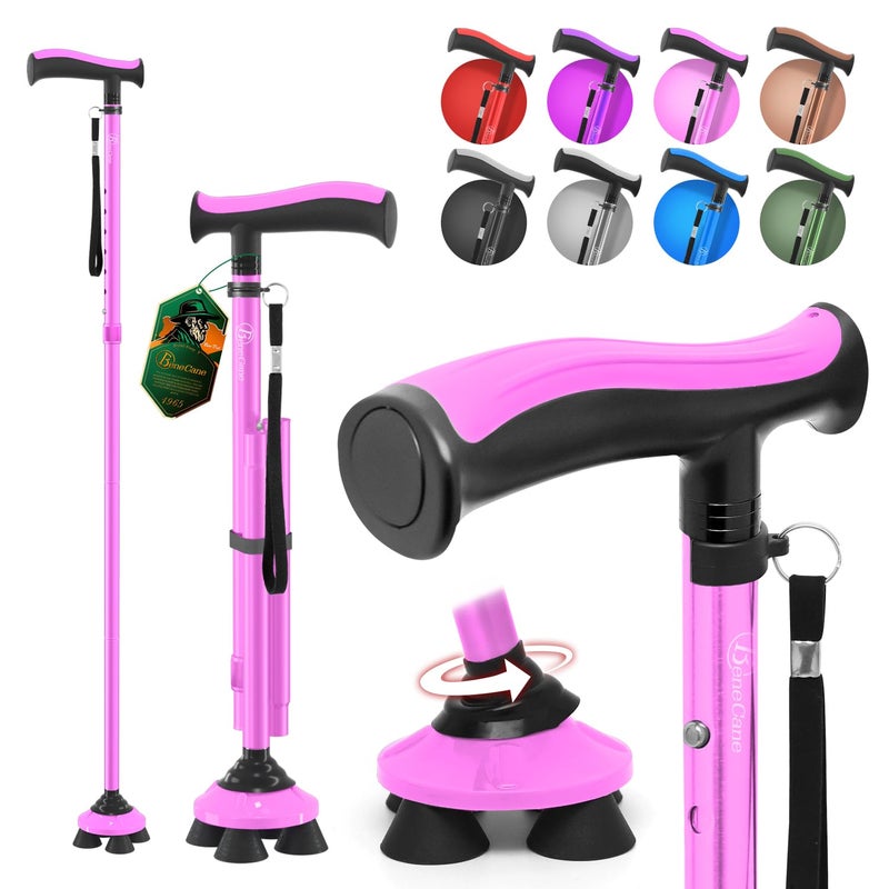 BeneCane Walking Cane for Men & Women Walking Stick for Seniors Folding Canes Quad Cane Adjustable Lightweight Sturdy Collapsible Heavy Duty with Soft TPR T-Handle and Travel Bag - Image 1
