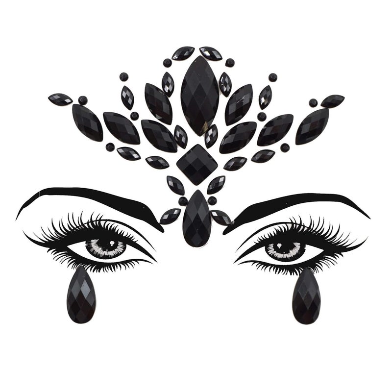 Topz Black Flower Face jewels for halloween costume makeup black face gems stick on Cat Women Mermaid day of the dead face jewels face tattoos fairy accessories (Black-S095)