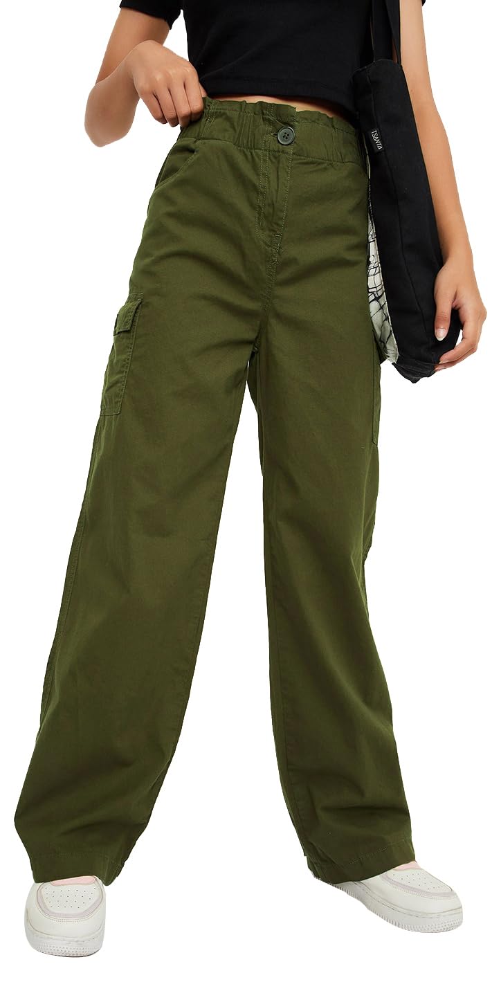 max Girls Solid Full-Length Regular Fit Flared Trousers,Olive Green,9-10Y - Image 1