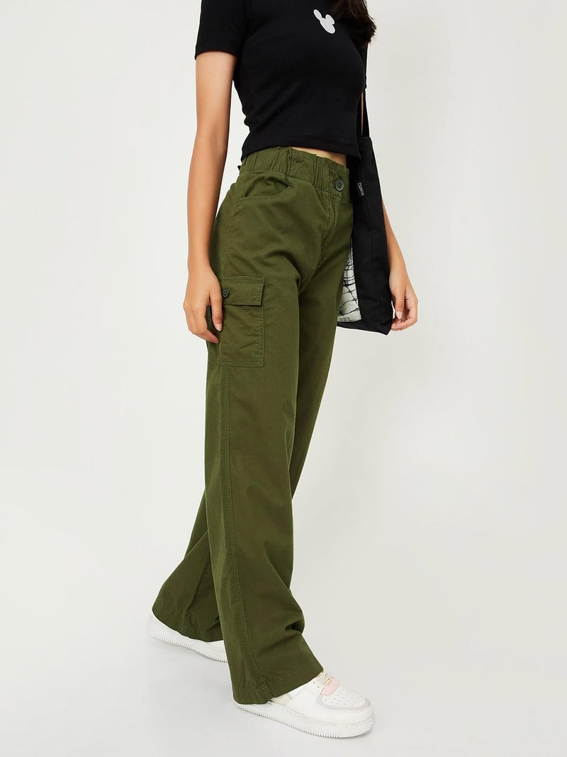 max Girls Solid Full-Length Regular Fit Flared Trousers,Olive Green,9-10Y - Image 3