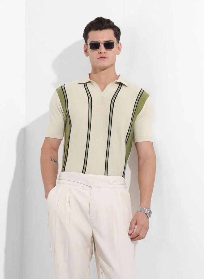 The Indian Garage Co Men Slim Fit Textured Polo Neck Half Sleeves T-Shirt