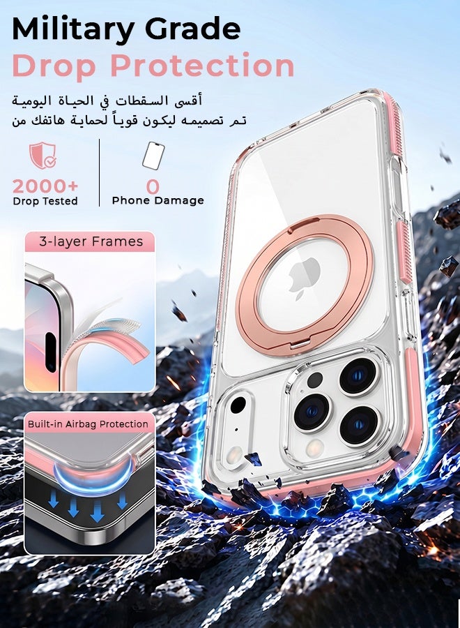 غطاء هاتف شفاف لـ iPhone 17 Pro مع حامل حلقة مغناطيسي وردي متوافق مع شحن MagSafe، دوار 360 درجة، مقاوم للصدمات بدرجة عسكرية - Image 3