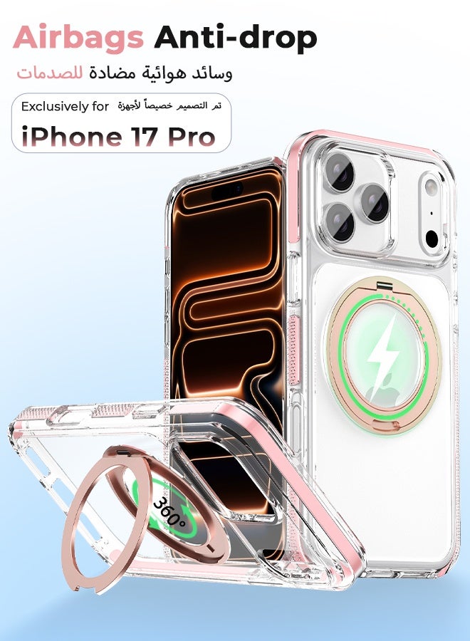 غطاء هاتف شفاف لـ iPhone 17 Pro مع حامل حلقة مغناطيسي وردي متوافق مع شحن MagSafe، دوار 360 درجة، مقاوم للصدمات بدرجة عسكرية - Image 1