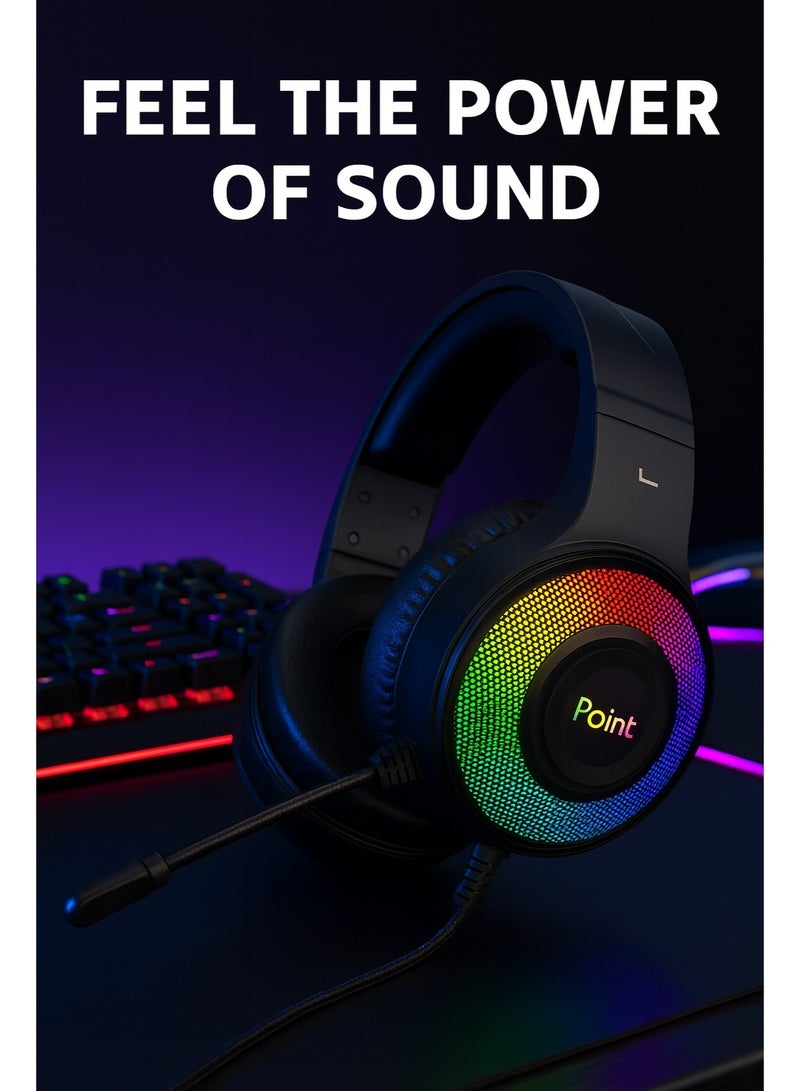 Point PT-22H Professional Gaming Headset with 7.1 Surround Sound Technology – 50mm Dynamic Driver – 360° Adjustable Microphone – RGB Lighting – Comfortable and Lightweight Design – USB Port – Black - Image 2