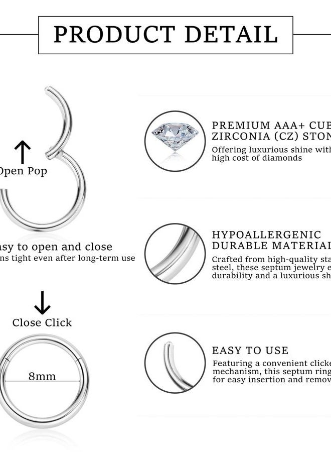BSJ4U Silver Septum Rings 16G Septum Jewelry Surgical Stainless Steel Conch Daith Septum Piercing Jewelry 8mm Septum Clicker Hoop - Image 4