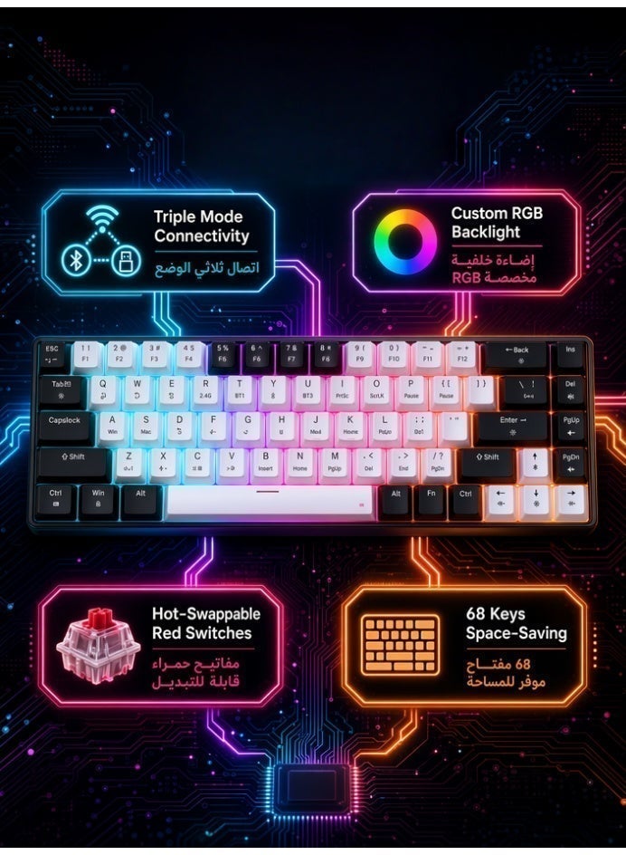 AOR Esports لوحة مفاتيح ألعاب ميكانيكية بـ 68 مفتاحًا بمحور أحمر بوضعية 3، بلوحة مفاتيح عربية لاسلكية بتقنية البلوتوث، إضاءة RGB صامتة، هيكل قابل لتبديل المحاور بسرعة، أزرار بدون تصادم، بطارية قابلة لإعادة الشحن بسعة 2000 مللي أمبير، لوحة مفاتيح - Image 4