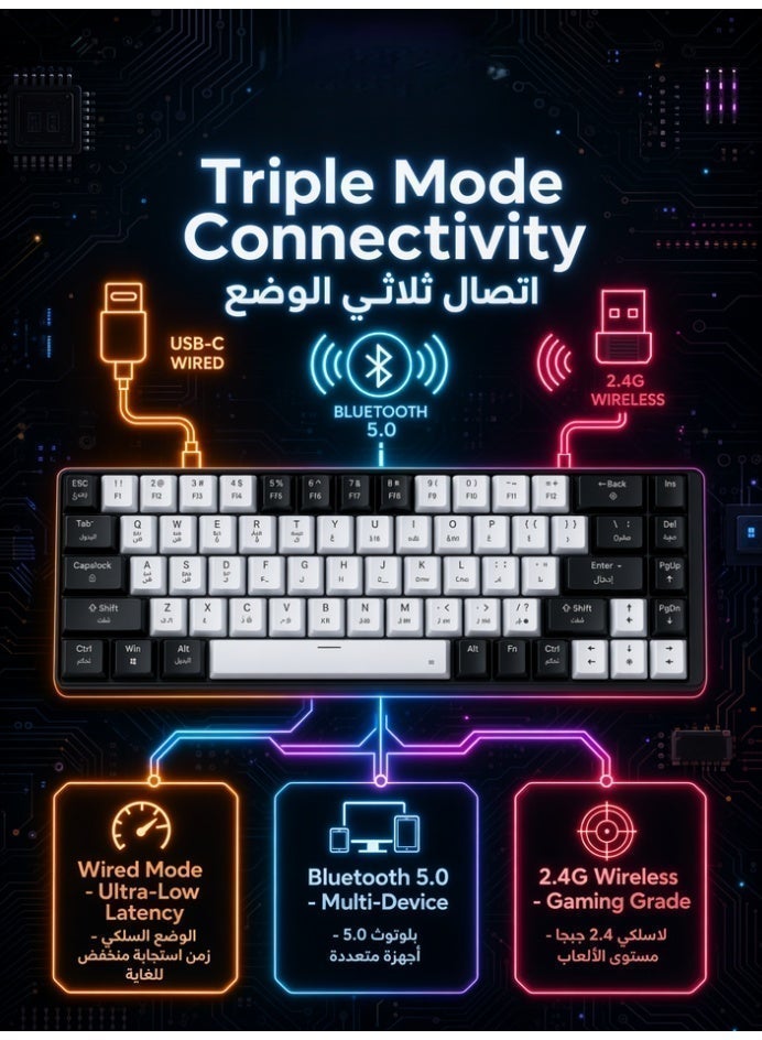 AOR Esports لوحة مفاتيح ألعاب ميكانيكية بـ 68 مفتاحًا بمحور أحمر بوضعية 3، بلوحة مفاتيح عربية لاسلكية بتقنية البلوتوث، إضاءة RGB صامتة، هيكل قابل لتبديل المحاور بسرعة، أزرار بدون تصادم، بطارية قابلة لإعادة الشحن بسعة 2000 مللي أمبير، لوحة مفاتيح - Image 2