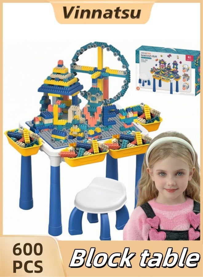 Generic Building Block Table Multi Activity Table Set Includes 1 Chair 4 Storage Boxes 4 Raised Legs And 600 Medium Building Blocks 3D Brain Development Learning And Education Toys for Kids  - Image 1