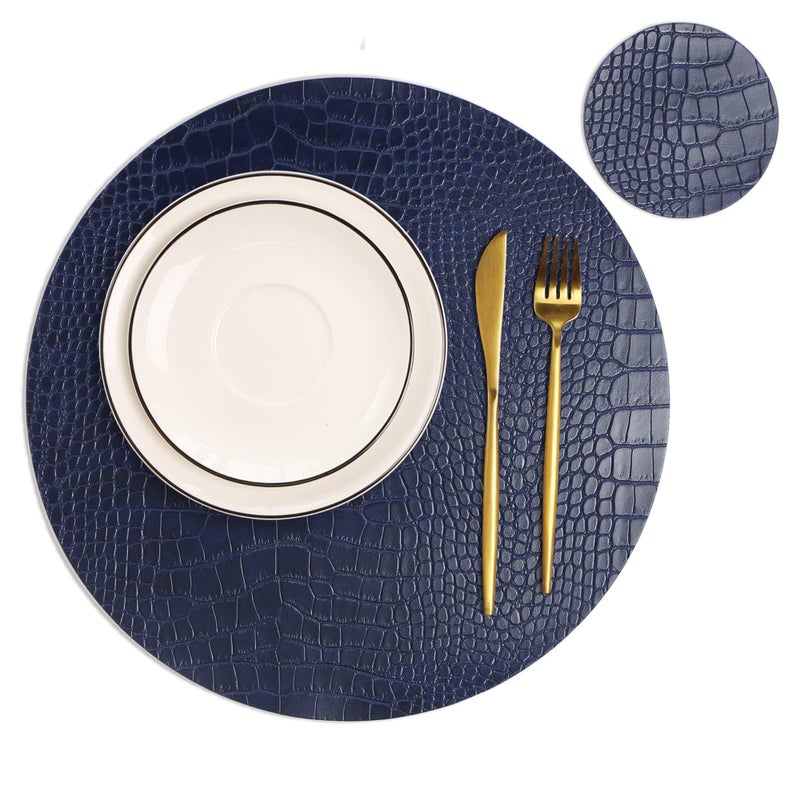 Jovono Round Leather Placemats for Round Tables Set of 4, Blue Table Place Mats and Coasters, Washable Easy to Care for Indoor Decor 13" Diameter - Image 1