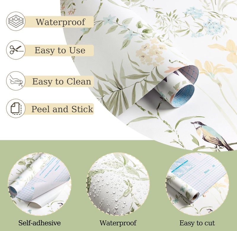 Erfoni 16.9" x118" Boho Floral Peel and Stick Wallpaper Green Floral and Birds Contact Paper DIY Self Adhesive Removable Wallpaper for Livingroom Cabinet Decor Modern Flower Leaf Wall Paper Vinyl Roll - Image 5