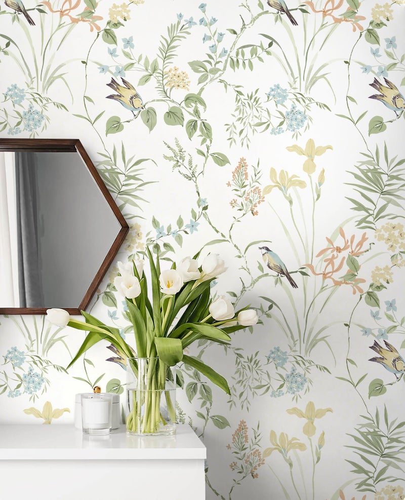 Erfoni 16.9" x118" Boho Floral Peel and Stick Wallpaper Green Floral and Birds Contact Paper DIY Self Adhesive Removable Wallpaper for Livingroom Cabinet Decor Modern Flower Leaf Wall Paper Vinyl Roll - Image 3