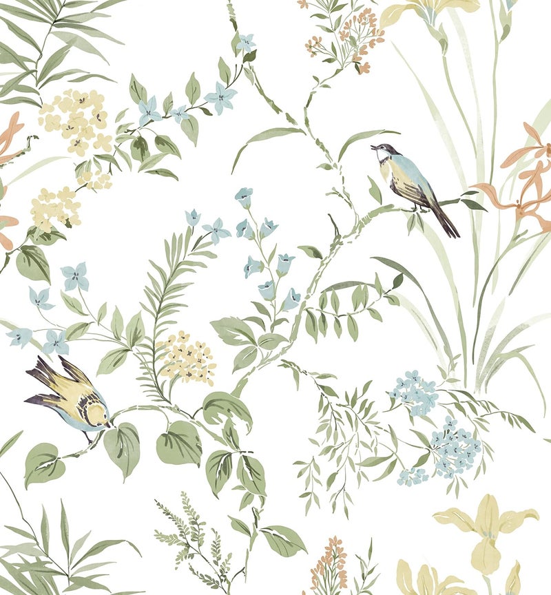 Erfoni 16.9" x118" Boho Floral Peel and Stick Wallpaper Green Floral and Birds Contact Paper DIY Self Adhesive Removable Wallpaper for Livingroom Cabinet Decor Modern Flower Leaf Wall Paper Vinyl Roll - Image 1