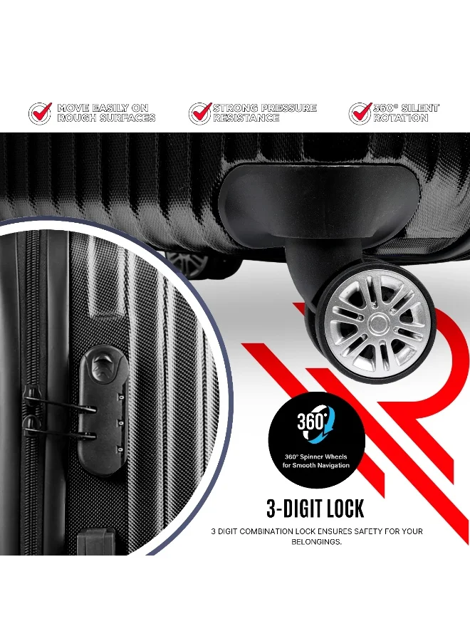 ريفلكشين طقم حقائب سفر عاكسة من بلاستيك  مكون من  قطع، خفيفة الوزن بعجلات صامتة  درجة، حقائب ترولي صلبة من بلاستيك ، حقائب سفر بعجلات دوارة طقم من  قطع، أسود
