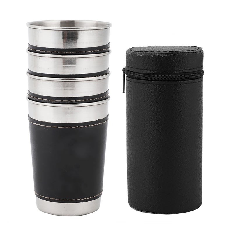 4pcs 170ml Stainless Steel Mini Portable Coffee Wine Cup with Leather Cover - Image 1