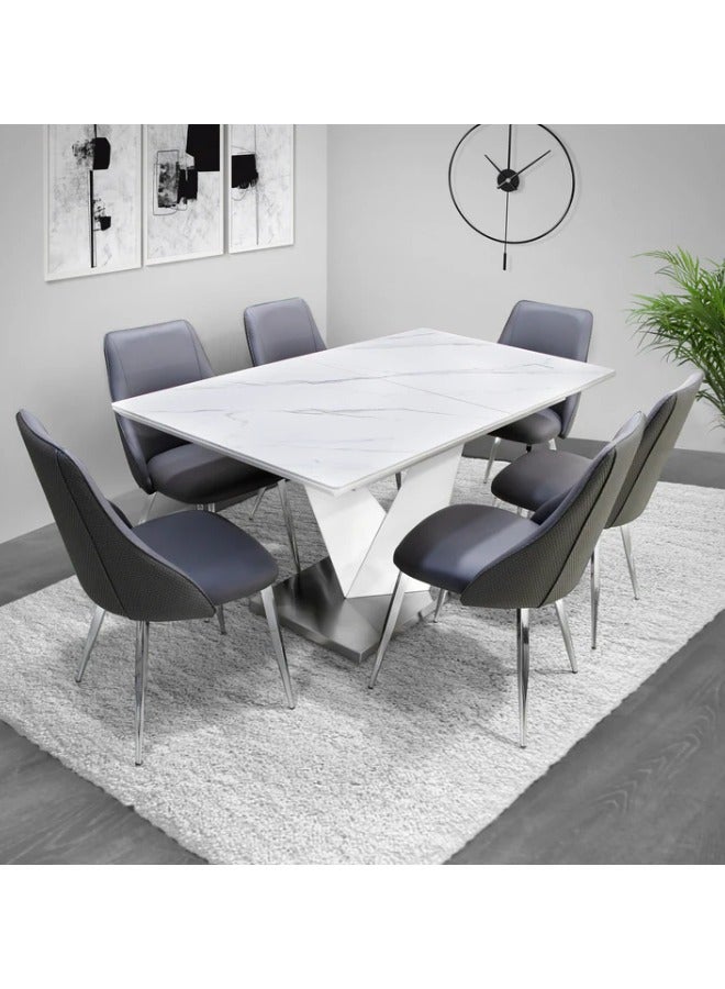 فانتي ليفينج  مجموعة طاولة طعام كبيرة قابلة للتمديد من VANITY LIVING، تتسع لـ 6 أشخاص مع كراسي، وطاولة إفطار بيضاء من الحجر المصقول + 6 كراسي من جلد البولي يوريثان الرمادي مع أرجل من الكروم للمطبخ وغرفة الطعام  - Image 1