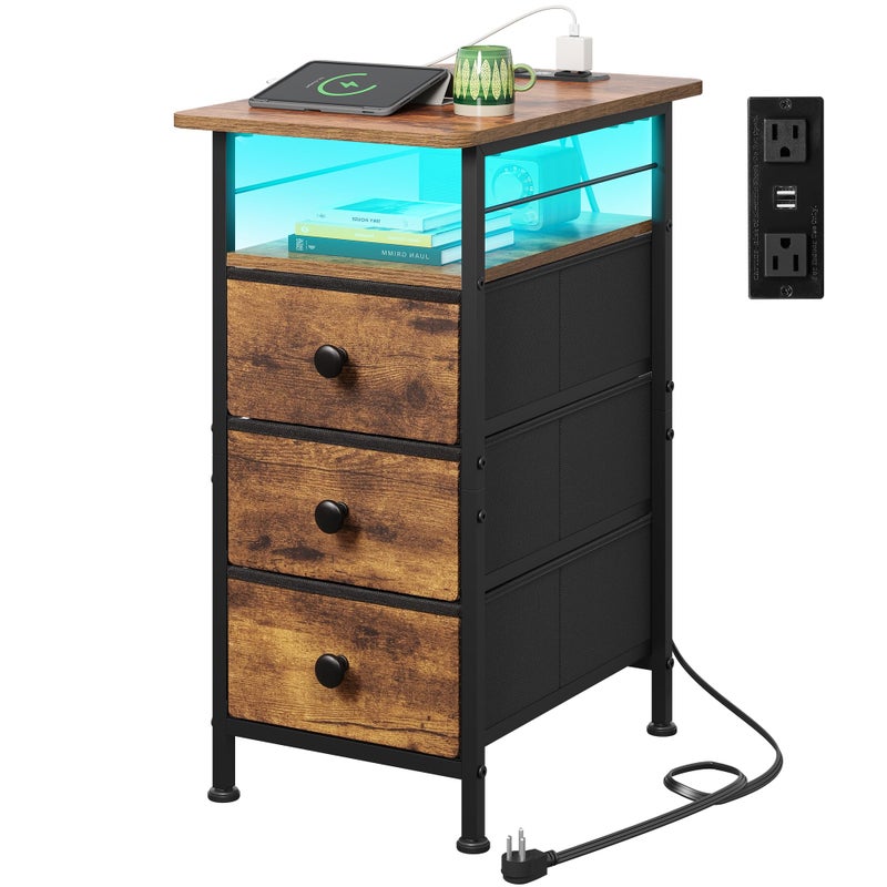 WLIVE Narrow Side Table with Charging Station, End Table with LED Lights,3 Fabric Drawers and Open Storage Shelf, Bed Side Tables Living Room, Small Spaces, Bedroom, Rustic Brown - Image 1