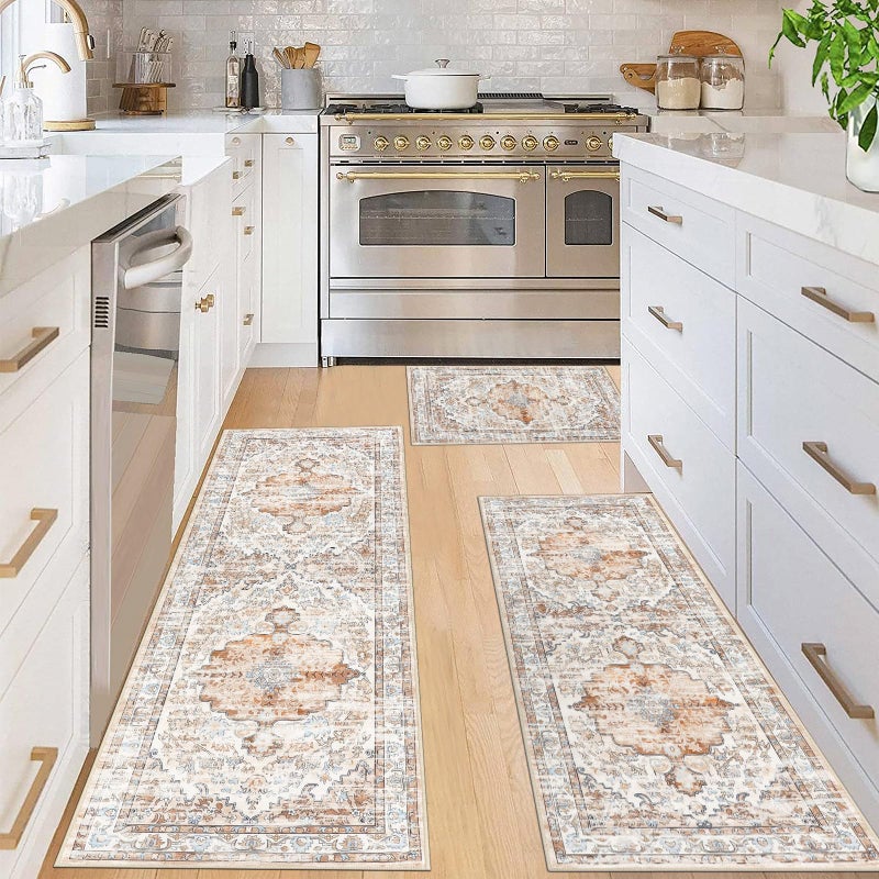 Ileading Boho Kitchen Rugs Sets 3 Piece with Runner Kitchen Floor Mat Carpet Farmhouse Kitchen Rugs and Mats Non Skid Washable Runner Rug for Kitchen Floor Office Sink Laundry Light Brown