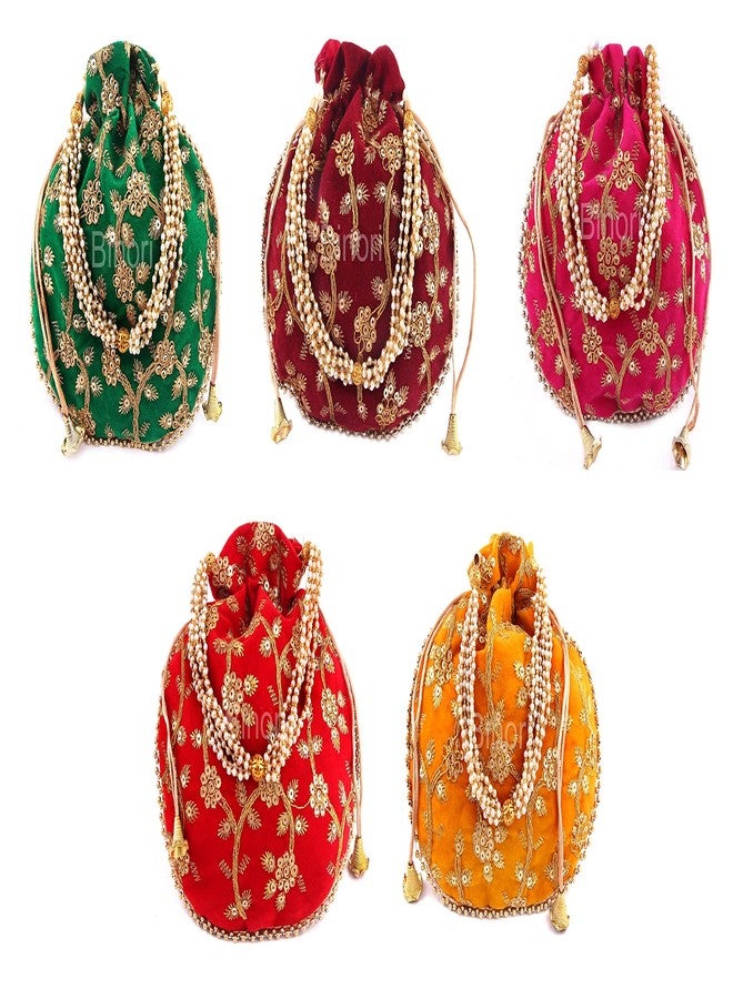 BINORI FASHIONS Rajasthani Style Royal Clutch Velvet Sequence Work Batwa Bag Combo Wristlets Ethnic Potli Combo For Women's Sequence Work Potli Combo Bridal Potli Combo (Pack of 5) - Image 1