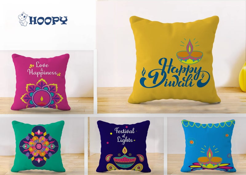 HOOPY Set of 5 Designer Decorative Throw Pillow/Cushion Covers (16 inch x 16 inch, Happy Diwali Print) - Image 2