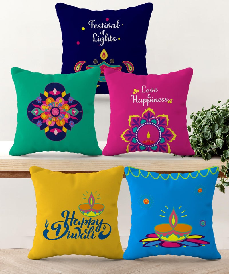 HOOPY Set of 5 Designer Decorative Throw Pillow/Cushion Covers (16 inch x 16 inch, Happy Diwali Print) - Image 1