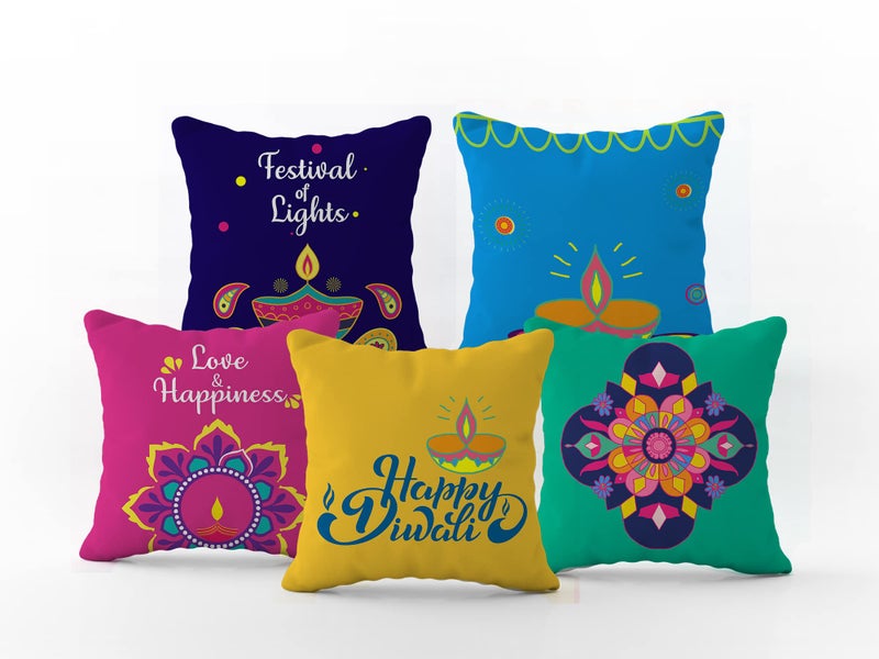 HOOPY Set of 5 Designer Decorative Throw Pillow/Cushion Covers (16 inch x 16 inch, Happy Diwali Print) - Image 4