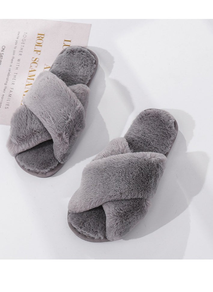 General Gray cross plush slippers autumn and winter new indoor warm cotton slippers thickened leaky toe wool slippers  - Image 1