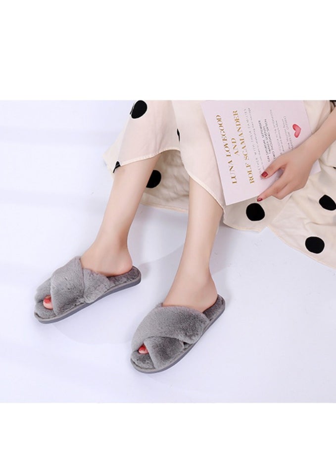 General Gray cross plush slippers autumn and winter new indoor warm cotton slippers thickened leaky toe wool slippers  - Image 3