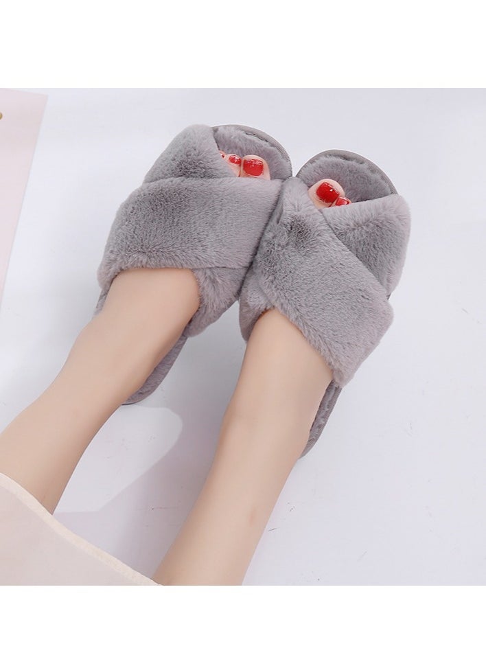 General Gray cross plush slippers autumn and winter new indoor warm cotton slippers thickened leaky toe wool slippers  - Image 2