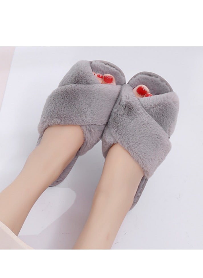 General Gray cross plush slippers autumn and winter new indoor warm cotton slippers thickened leaky toe wool slippers  - Image 5