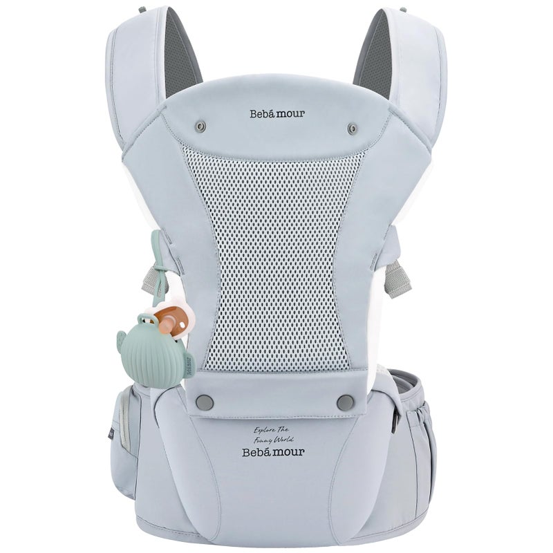 Bebamour Baby Carrier with Hip Seat,All-Position Breathable Mesh Hip Seat & Carrier 0-36Months with Head Hood, 3 PCS Teething Pads, Waist Extender,Storage Bag & Pacifier Case (Blue) - Image 1