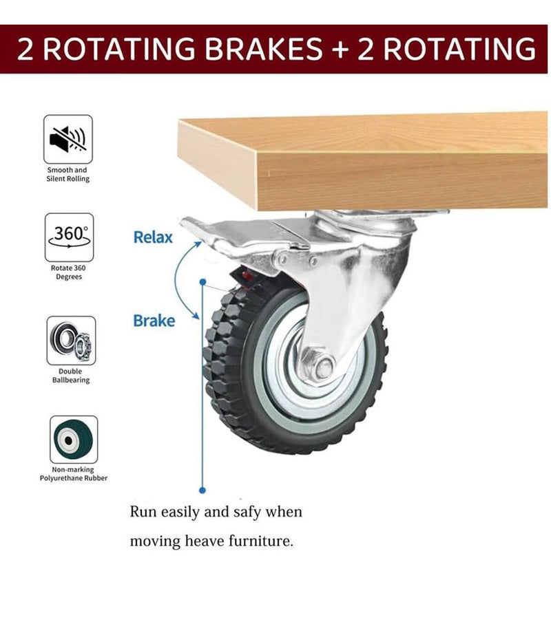 Krevia 3 Inch 360 Degree PU Swivel Caster Wheels | Set Of 4 Heavy Duty Locking Bearing Industrial Casters with Brake | Noise-Free Swivel Plate Caster Wheels for Cart, Furniture, Workbench (Grey) - Image 3