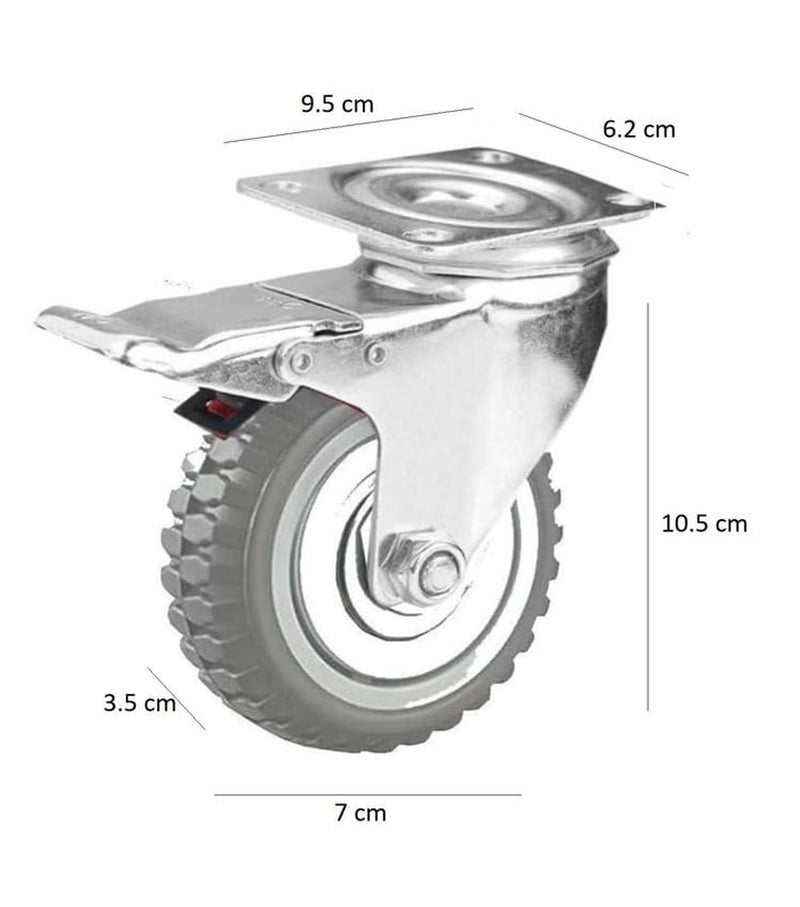 Krevia 3 Inch 360 Degree PU Swivel Caster Wheels | Set Of 4 Heavy Duty Locking Bearing Industrial Casters with Brake | Noise-Free Swivel Plate Caster Wheels for Cart, Furniture, Workbench (Grey) - Image 2