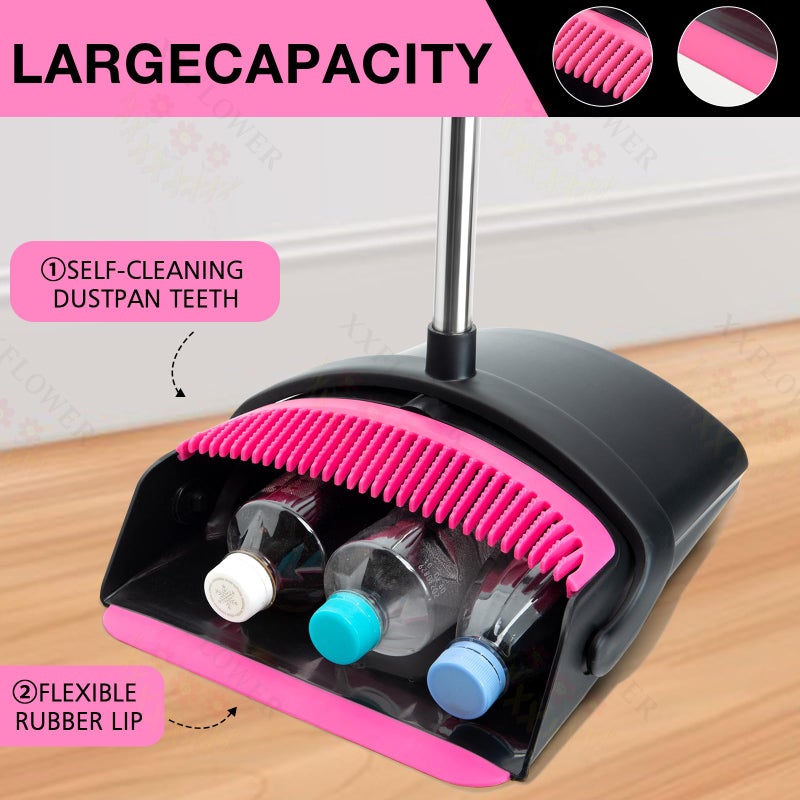 XXFLOWER Broom and Dustpan Set, Long Handle Lightweight Dustpans with Broom Combo for Home, Indoor&Outdoor Sweeping for Home Room Kitchen Office Lobby (Black Pink) - Image 3