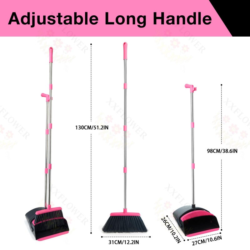 XXFLOWER Broom and Dustpan Set, Long Handle Lightweight Dustpans with Broom Combo for Home, Indoor&Outdoor Sweeping for Home Room Kitchen Office Lobby (Black Pink) - Image 2