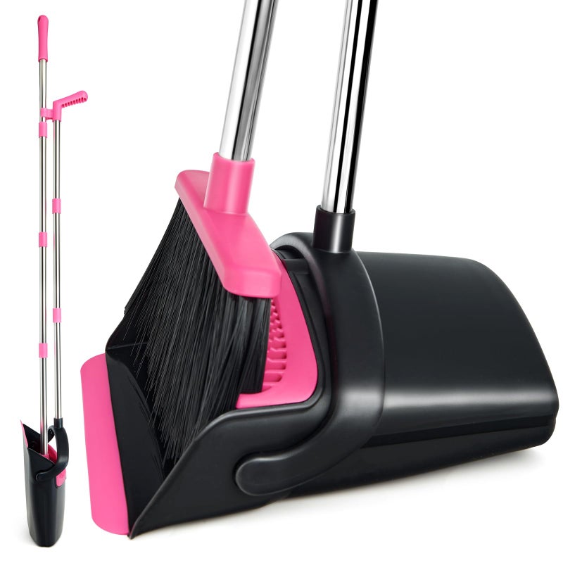 XXFLOWER Broom and Dustpan Set, Long Handle Lightweight Dustpans with Broom Combo for Home, Indoor&Outdoor Sweeping for Home Room Kitchen Office Lobby (Black Pink) - Image 1