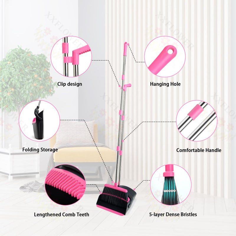XXFLOWER Broom and Dustpan Set, Long Handle Lightweight Dustpans with Broom Combo for Home, Indoor&Outdoor Sweeping for Home Room Kitchen Office Lobby (Black Pink) - Image 5