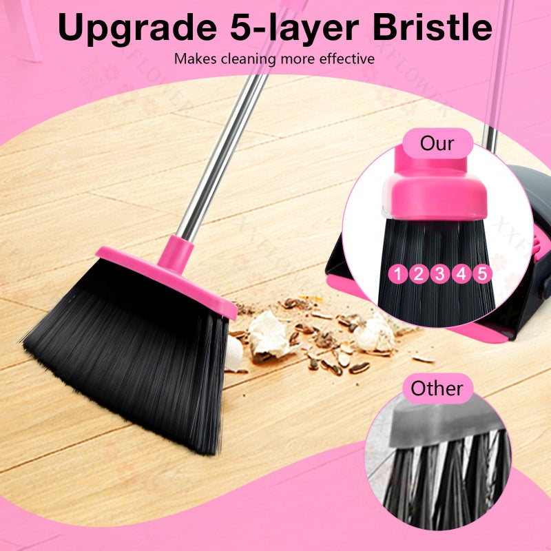 XXFLOWER Broom and Dustpan Set, Long Handle Lightweight Dustpans with Broom Combo for Home, Indoor&Outdoor Sweeping for Home Room Kitchen Office Lobby (Black Pink) - Image 4