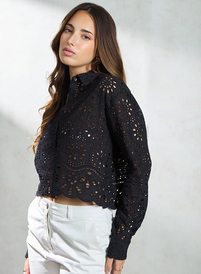 Virgio VIRGIO 100% Cotton Black Boxy Shirt With Scallop Hem  - Image 3