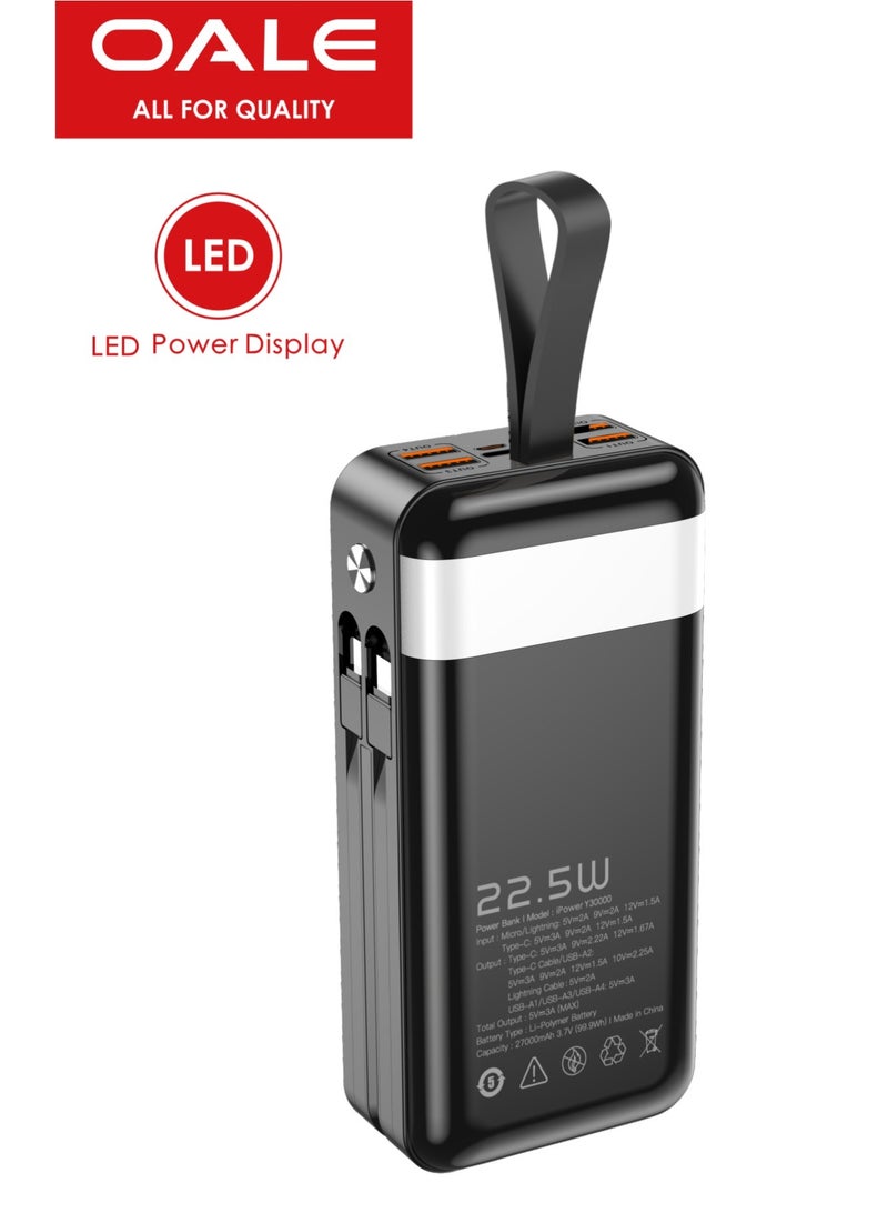 OALE iPower Y30000 Portable Power Bank with cables – 22.5W Fast Charging, 4 USB &1 Type-C PD Ports, 2 Built-in Cables(Lightning&Type-C) SOS LED Light, for Camping & Multi-Device Use | Black - Image 2