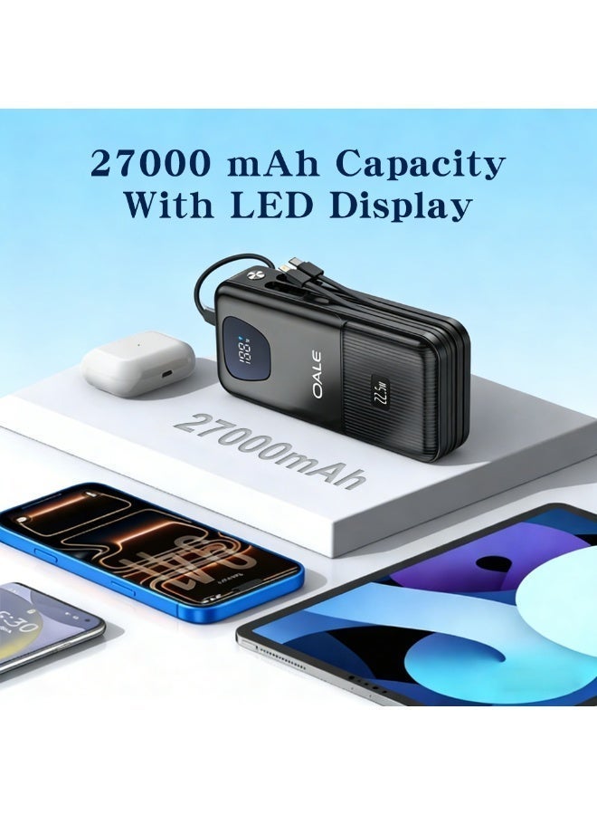 Oale Power Bank, 27000mAh Travel Essential Portable Charger with Built-in USB-C Cable,22.5W Fast Charging, 7 Output Ports, LED Display Compatible with iPhone,Samsung,Android - Image 3