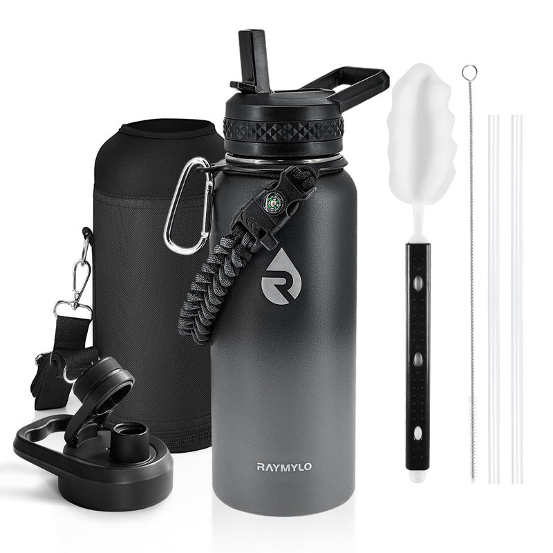 RAYMYLO Insulated Water Bottle 32 oz Triple Wall Vacuum Stainless Steel Cold for 48 Hrs Leak Proof NonBPA Modern Water Flask Jug with Paracord Handle Straw Spout Lids Dark Grey