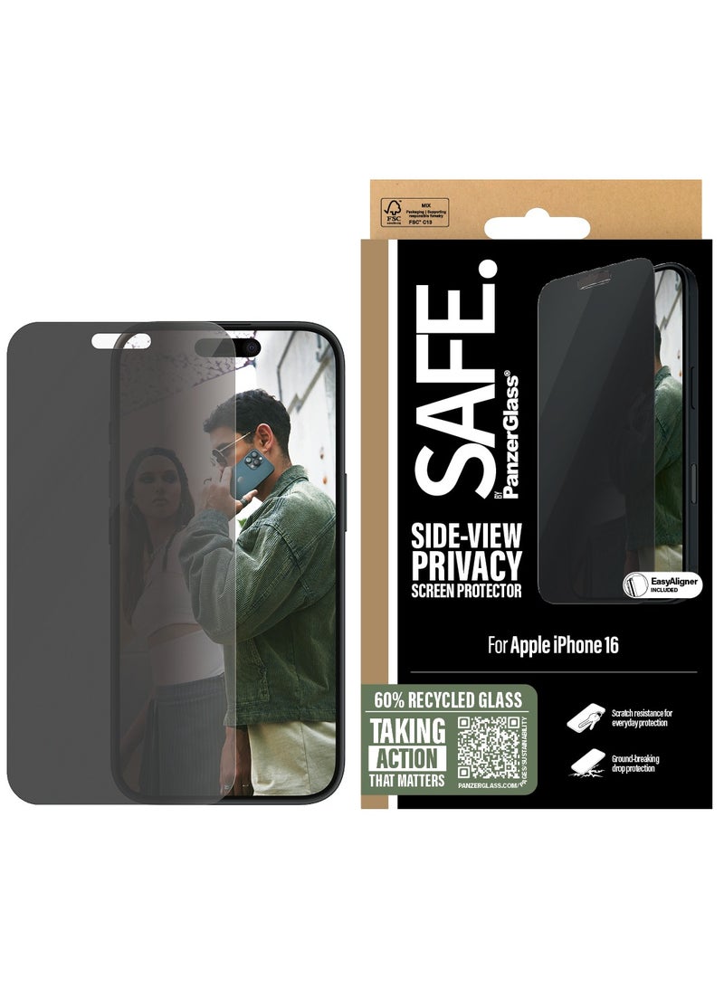 PanzerGlass حماية الخصوصية SAFE من PanzerGlass® لجهاز iPhone 16 - زجاج معاد تدويره بنسبة 60%، طلاء خالي من البقع - مع مساعدة في التركيب لتسهيل التثبيت، واقي زجاج مقسى لشاشة iPhone 16 - Image 1