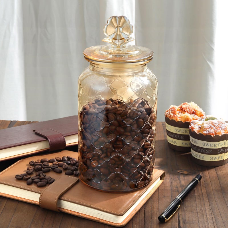 Joeyan 45 oz Amber Glass Storage Jar with Airtight Glass Lids, Vintage Embossed Food Container, Decorative Kitchen Canister Organizer for Candy, Flour, Coffee Bean, Pet Treats - Image 3