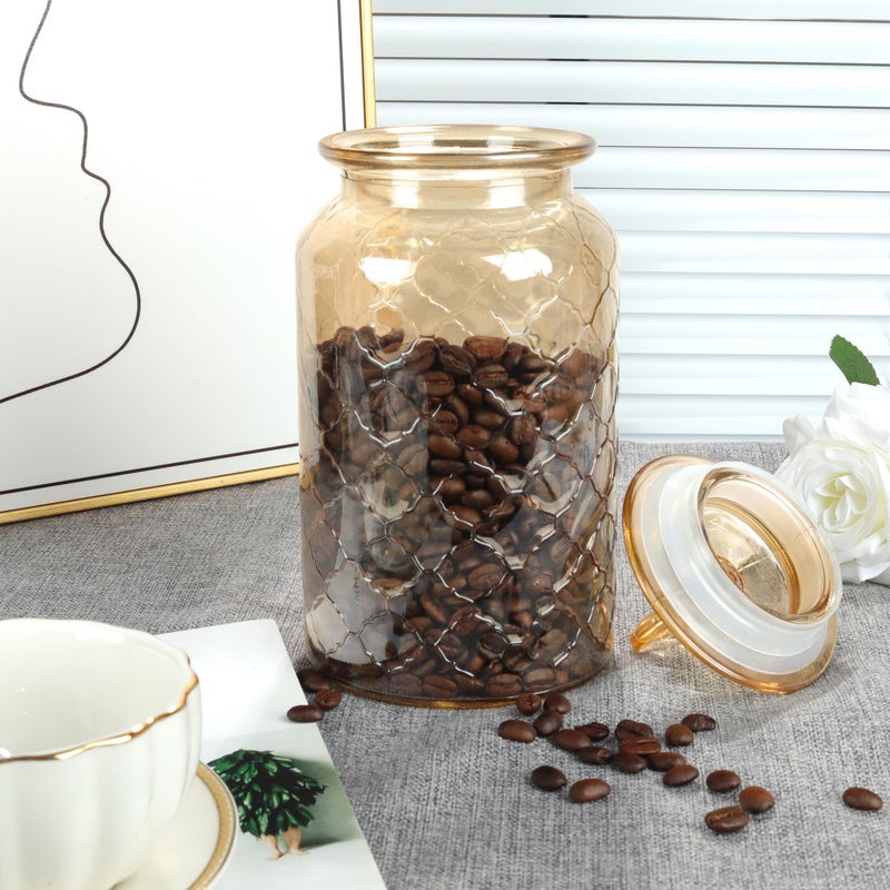 Joeyan 45 oz Amber Glass Storage Jar with Airtight Glass Lids, Vintage Embossed Food Container, Decorative Kitchen Canister Organizer for Candy, Flour, Coffee Bean, Pet Treats - Image 2